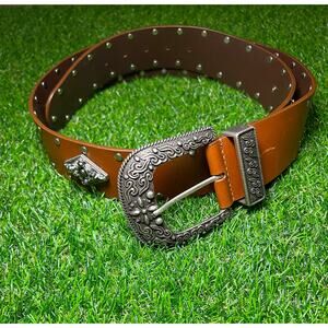 Vintage Chico's Y2K 40" Women's Studded Wide Leather Jeweled Brown Belt